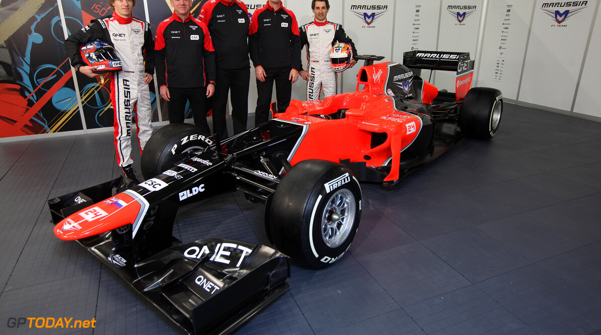 2012 Marussia F1 Team Launch.
Silverstone Circuit, Towcester, Northamptonshire.
5th March 2012.
Charles Pic, Marussia F1, Team, Andy Webb, CEO, Marussia F1 Team, John Booth, Team Principal, Marussia F1 Team, Graham Lowdon, Sporting Director, Marussia F1 Team and Timo Glock, Marussia F1 Team. 
World Copyright:Glenn Dunbar/LAT Photographic
ref: IMG_2673