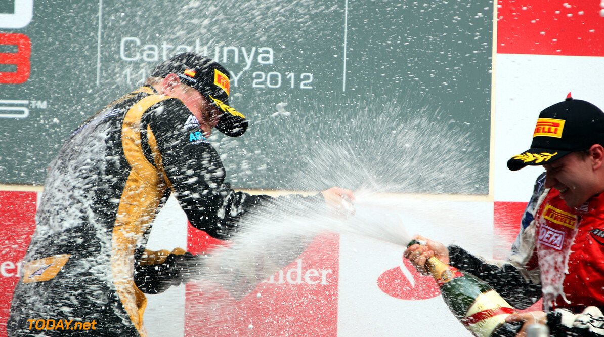 2012 GP3 Series, Round 1.
Circuit de Catalunya, Barcelona, Spain. 13th May 2012. Sunday Race. 
Conor Daly (USA, Lotus GP) Matias Laine (FIN, MW Arden) celebrate on the podium. Portrait.  
Photo: Glenn Dunbar/GP3 Media Service. 
ref: Digital ImageCG8C4501.jpg





RoundOne