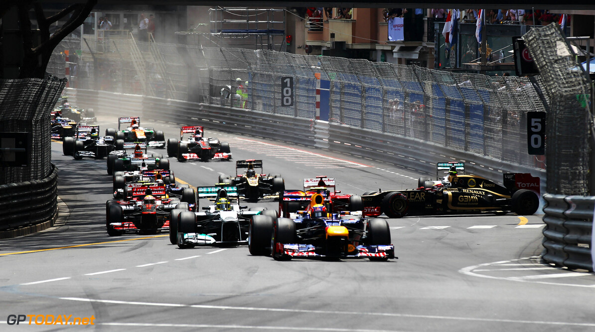 141017418KR019_Monaco_F1_Gr
MONTE CARLO, MONACO - MAY 27:  Mark Webber of Australia and Red Bull Racing leads into the first corner while in the background Romain Grosjean of France and Lotus spins at the start of Monaco Formula One Grand Prix at the Circuit de Monaco on May 27, 2012 in Monte Carlo, Monaco.  (Photo by Mark Thompson/Getty Images) *** Local Caption *** Mark Webber; Romain Grosjean
Monaco F1 Grand Prix - Race
Mark Thompson
Monte Carlo
Monaco

Formula One Racing F1