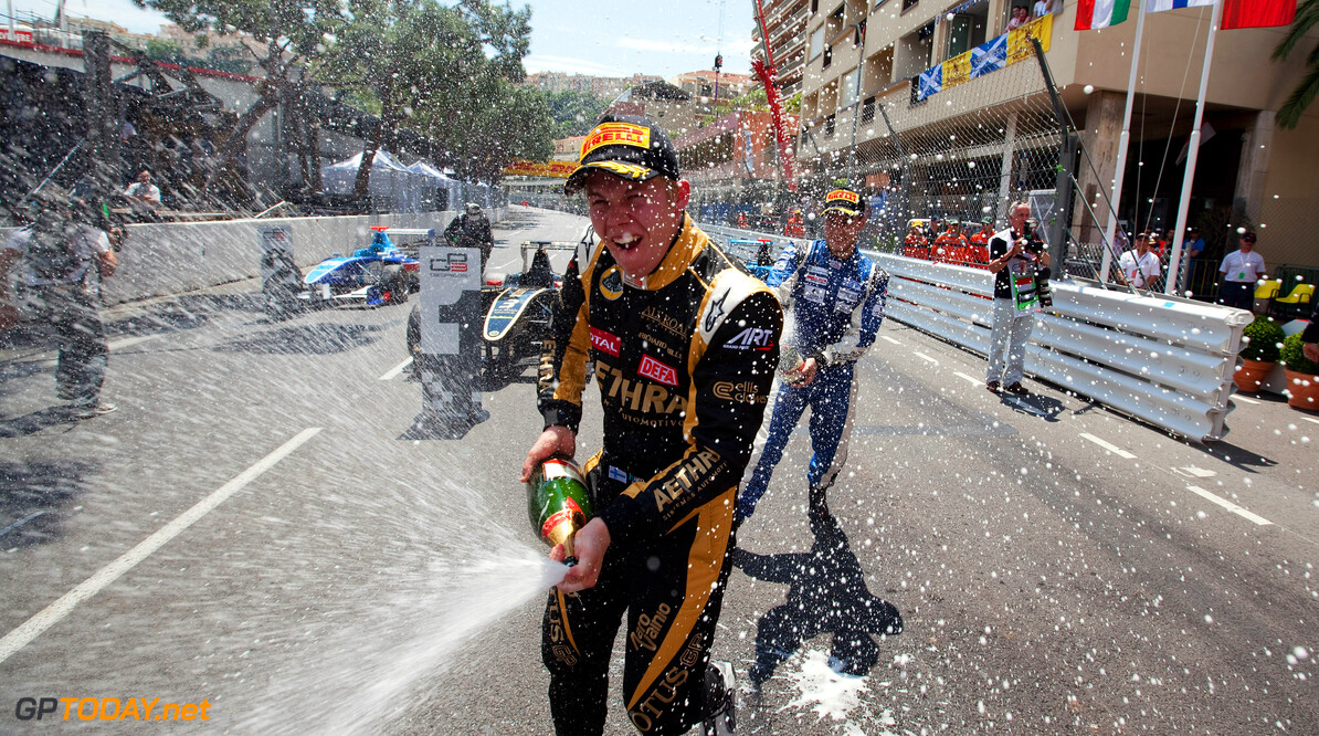 2012 GP3 Series, Round 2.
Monte-Carlo, Monaco. 25th May 2012. Friday Race 1.
(LtoR) Aaro Vainio (FIN, Lotus GP) celebrates on the podium with Tamas Pal Kiss (HUN, Atech CRS GP) Portrait.  
Photo: Daniel Kalisz/GP3 Media Service. 
ref: Digital ImageIMG_4213.jpg