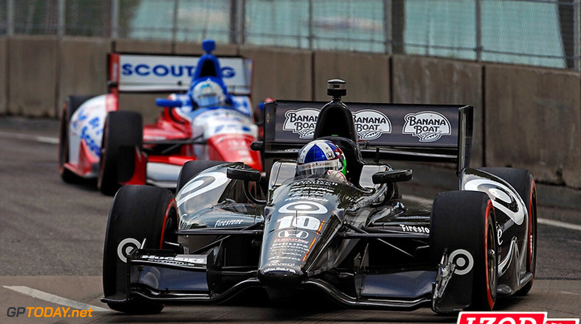 2012 Indy Lights Detroit Belle Isle Priority
1-2 June, 2012, Detroit, Michigan, USA.With damage showing to his left front wing Dario Franchitti (#10) leads James Jakes (#19) into turn 13..(c)2012, F. Peirce Williams.LAT Photo USA