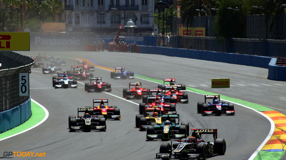 2012 GP2 Series. Round 6. 
Valencia Street Circuit, Valencia, Spain.  23rd June 2012. 
Saturday Race. 
James Calado (GBR, Lotus GP) leads the field into turn one on the opening lap of the race. Action. 
Photo: Daniel Kalisz/GP2 Media Service. 
Ref: Digital Image IMG_1418.jpg










RoundSix