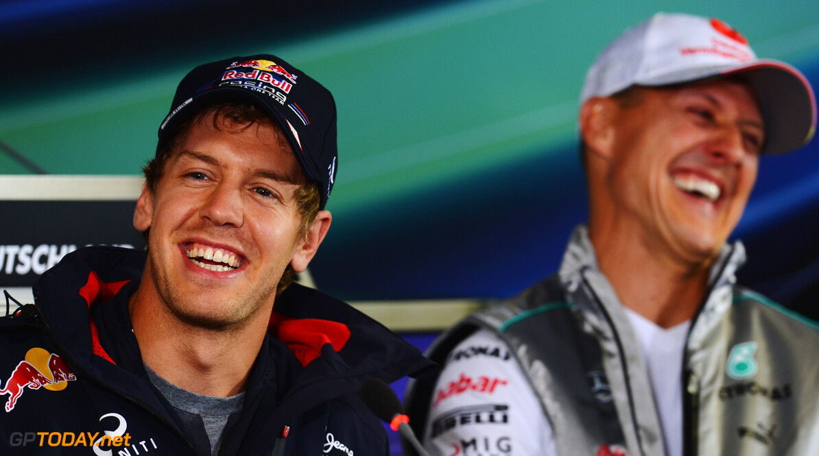 141017752KR00011_F1_Grand_P
HOCKENHEIM, GERMANY - JULY 19:  (L-R) Sebastian Vettel of Germany and Red Bull Racing and Michael Schumacher of Germany and Mercedes GP attend the drivers press conference during previews to the German Grand Prix at Hockenheimring on July 19, 2012 in Hockenheim, Germany.  (Photo by Lars Baron/Getty Images) *** Local Caption *** Sebastian Vettel; Michael Schumacher
F1 Grand Prix of Germany - Previews
Lars Baron
Hockenheim
Germany

Formula One Racing