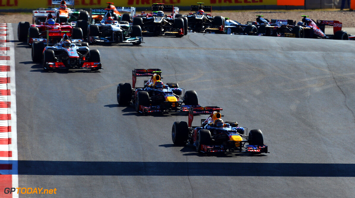 141020909KR00009_F1_Grand_P
AUSTIN, TX - NOVEMBER 18:  Sebastian Vettel of Germany and Red Bull Racing leads the field through the first corner at the start of the United States Formula One Grand Prix at the Circuit of the Americas on November 18, 2012 in Austin, Texas.  (Photo by Paul Gilham/Getty Images) *** Local Caption *** Sebastian Vettel
F1 Grand Prix of USA
Paul Gilham
Austin
United States

Formula One Racing