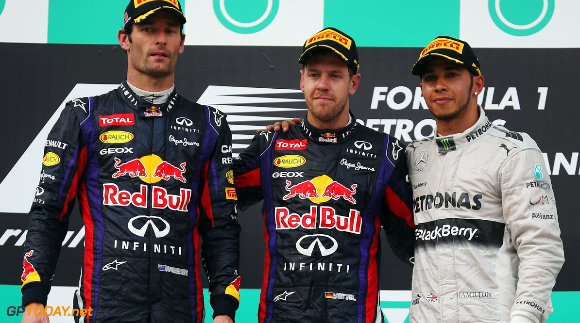 163375697KR00115_F1_Grand_P
KUALA LUMPUR, MALAYSIA - MARCH 24:  Race winner Sebastian Vettel (C) of Germany and Infiniti Red Bull Racing, second placed Mark Webber (L) of Australia and Infiniti Red Bull Racing and third placed Lewis Hamilton of Great Britain and Mercedes GP react on the podium following the Malaysian Formula One Grand Prix at the Sepang Circuit on March 24, 2013 in Kuala Lumpur, Malaysia.  (Photo by Mark Thompson/Getty Images) *** Local Caption *** Sebastian Vettel; Mark Webber; Lewis Hamilton
F1 Grand Prix of Malaysia
Mark Thompson
Kuala Lumpur
Malaysia

Formula One Racing Malaysia F1 Grand Prix Malaysian Formula One Grand Pri Formula One Grand Prix formula 1 Auto Racing