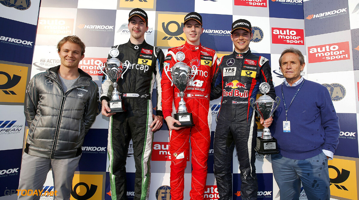 FIA Formula 3 European Championship, round 3, race 2, Hockenheim
Prize giving ceremony, Nico Rosberg, 30 Josh Hill (GB, Fortec Motorsports, Dallara F312 Mercedes), 1 Raffaele Marciello (I, Prema Powerteam, Dallara F312 Mercedes), 20 Tom Blomqvist (GB, Eurointernational, Dallara F312 Mercedes), Jacky Ickx, FIA Formula 3 European Championship, round 3, race 2, Hockenheim (D) - 3. - 5. May 2013 *** Local Caption *** Copyright (c) FIA Formula 3 European Championship / Thomas Suer
FIA Formula 3 European Championship, round 3, race 2, Hockenheim (D)
Thomas Suer
Hockenheim
Germany