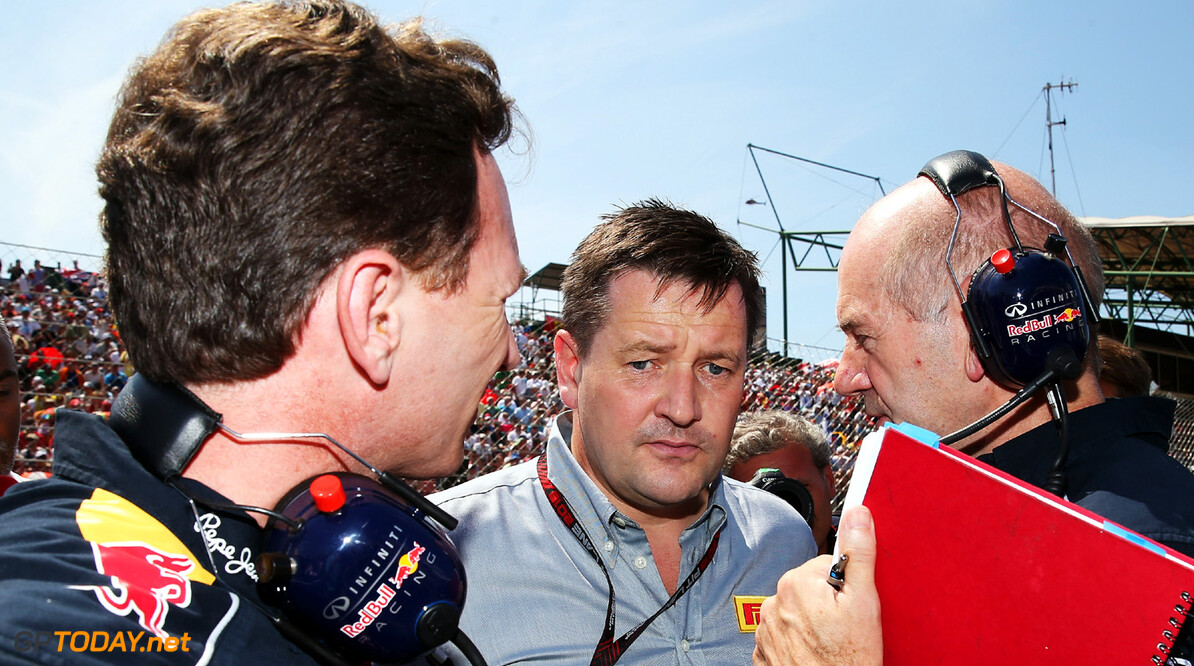 166986040KR00189_F1_Grand_P
BUDAPEST, HUNGARY - JULY 28:  Infiniti Red Bull Racing Chief Technical Officer Adrian Newey and Infinti Red Bull Racing Team Principal Christian Horner talk to Pirelli Motorsport Director Paul Hembery on the grid before the Hungarian Formula One Grand Prix at Hungaroring on July 28, 2013 in Budapest, Hungary.  (Photo by Mark Thompson/Getty Images) *** Local Caption *** Paul Hembery; Adrian Newey; Christian Horner
F1 Grand Prix of Hungary - Race
Mark Thompson
Budapest
Hungary