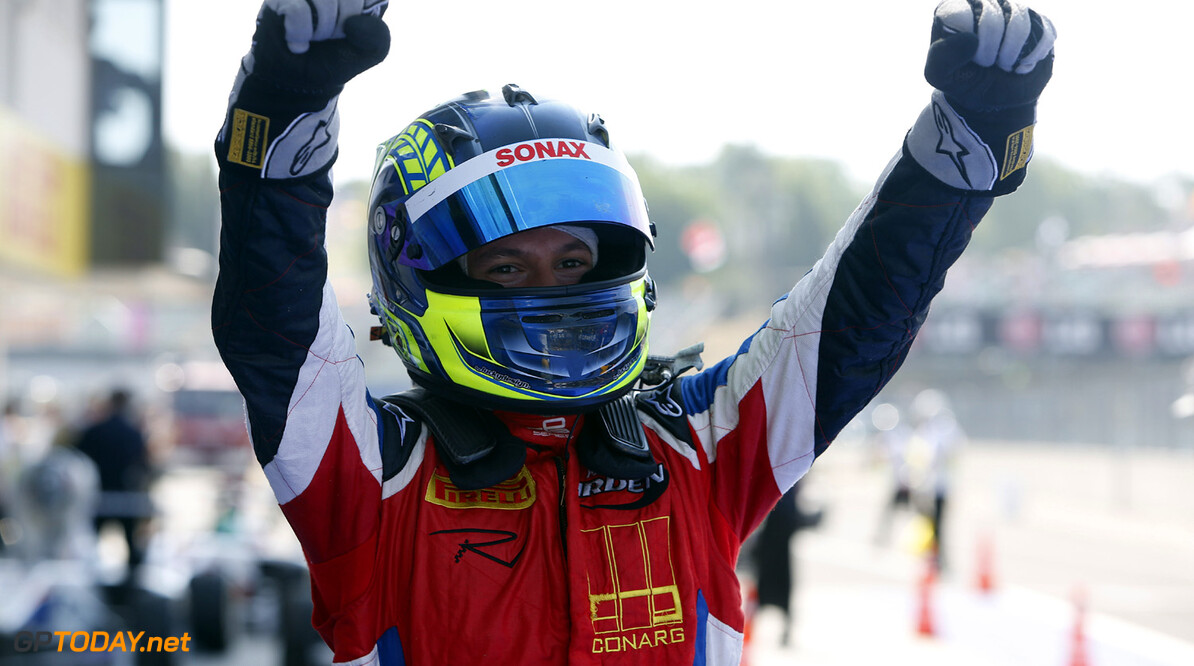 2013 GP3 Series. Round 5. 
Hungaroring, Budapest, Hungary. 28th July 2013. 
Sunday Race.
Robert Visoiu (ROU, MW Arden) celebrates his victory. 
World Copyright: Alastair Staley/GP3 Media Service 
Ref: _R6T6069