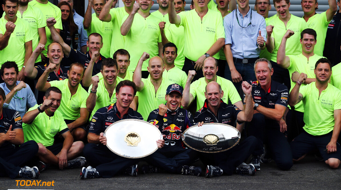 166987383KR00101_F1_Grand_P
SPA, BELGIUM - AUGUST 25:  Sebastian Vettel of Germany and Infiniti Red Bull Racing celebrates with team mates in the pitlane after winning the Belgian Grand Prix at Circuit de Spa-Francorchamps on August 25, 2013 in Spa, Belgium.  (Photo by Mark Thompson/Getty Images) *** Local Caption *** Sebastian Vettel
F1 Grand Prix of Belgium - Race
Mark Thompson
Spa
Belgium