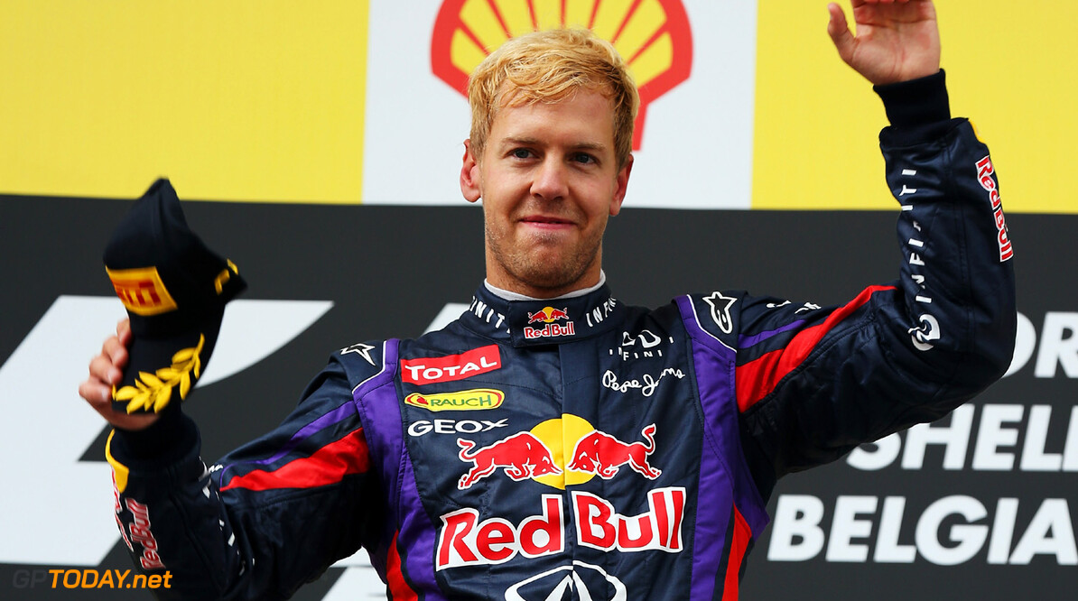 166987383KR00082_F1_Grand_P
SPA, BELGIUM - AUGUST 25:  Sebastian Vettel of Germany and Infiniti Red Bull Racing celebrates on the podium after winning the Belgian Grand Prix at Circuit de Spa-Francorchamps on August 25, 2013 in Spa, Belgium.  (Photo by Mark Thompson/Getty Images) *** Local Caption *** Sebastian Vettel
F1 Grand Prix of Belgium - Race
Mark Thompson
Spa
Belgium

SHELLGP SHELL GP