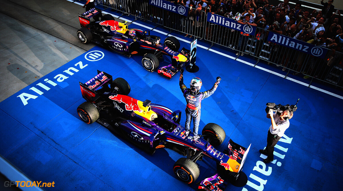 166988186KR00107_F1_Grand_P
SUZUKA, JAPAN - OCTOBER 13:  Sebastian Vettel of Germany and Infiniti Red Bull Racing celebrates in parc ferme after winning the Japanese Formula One Grand Prix at Suzuka Circuit on October 13, 2013 in Suzuka, Japan.  (Photo by Clive Mason/Getty Images) *** Local Caption *** Sebastian Vettel
F1 Grand Prix of Japan - Race
Clive Mason
Suzuka
Japan