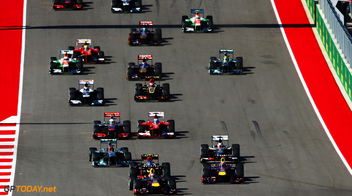 166989404KR00061_F1_Grand_P
AUSTIN, TX - NOVEMBER 17:  Sebastian Vettel of Germany and Infiniti Red Bull Racing leads the field at the start of the United States Formula One Grand Prix at Circuit of The Americas on November 17, 2013 in Austin, United States.  (Photo by Paul Gilham/Getty Images) *** Local Caption *** Sebastian Vettel
F1 Grand Prix of USA - Race
Paul Gilham
Austin
United States

F1 Formula One