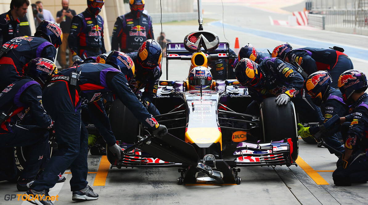 474101307XX00016_F1_Testing
BAHRAIN, BAHRAIN - FEBRUARY 28:  Daniel Ricciardo of Australia and Infiniti Red Bull Racing stops for a pitstop during day two of Formula One Winter Testing at the Bahrain International Circuit on February 28, 2014 in Bahrain, Bahrain.  (Photo by Mark Thompson/Getty Images) *** Local Caption *** Daniel Ricciardo
F1 Testing in Bahrain - Day Two
Mark Thompson
Bahrain
Bahrain

Formula One Racing