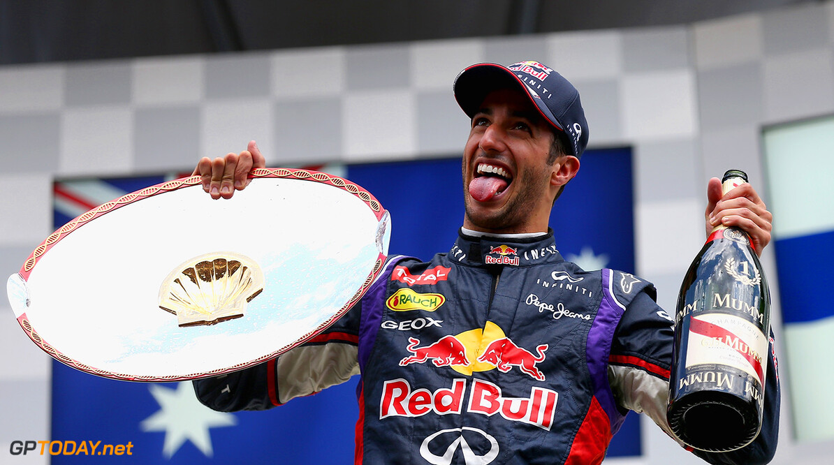 SPA, BELGIUM - AUGUST 24:  Daniel Ricciardo of Australia and Infiniti Red Bull Racing celebrates on the podium after winning the Belgian Grand Prix at Circuit de Spa-Francorchamps on August 24, 2014 in Spa, Belgium.  (Photo by Clive Mason/Getty Images) *** Local Caption *** Daniel Ricciardo
F1 Grand Prix of Belgium
Clive Mason
Spa
Belgium

Formula One Racing formula 1 Auto Racing Formula One Grand Prix Belgium Grand Prix Belgian Formula One Grand Prix
