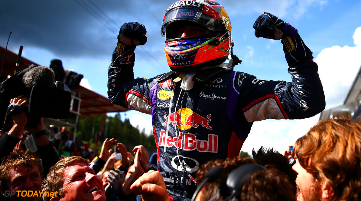 SPA, BELGIUM - AUGUST 24:  Daniel Ricciardo of Australia and Infiniti Red Bull Racing celebrates in Parc Ferme after winning the Belgian Grand Prix at Circuit de Spa-Francorchamps on August 24, 2014 in Spa, Belgium.  (Photo by Dan Istitene/Getty Images) *** Local Caption *** Daniel Ricciardo
F1 Grand Prix of Belgium
Dan Istitene
Spa
Belgium

Formula One Racing formula 1 Auto Racing Formula One Grand Prix Belgium Grand Prix Belgian Formula One Grand Prix