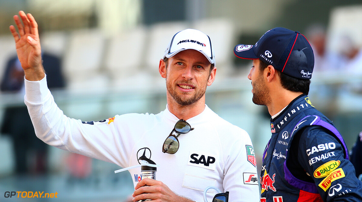 ABU DHABI, UNITED ARAB EMIRATES - NOVEMBER 23:  Daniel Ricciardo of Australia and Infiniti Red Bull Racing and Jenson Button of Great Britain and McLaren speak during the drivers' parade before the Abu Dhabi Formula One Grand Prix at Yas Marina Circuit on November 23, 2014 in Abu Dhabi, United Arab Emirates.  (Photo by Mark Thompson/Getty Images) *** Local Caption *** Daniel Ricciardo;Jenson Button
F1 Grand Prix of Abu Dhabi
Mark Thompson
Abu Dhabi
United Arab Emirates