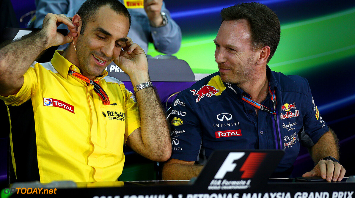 KUALA LUMPUR, MALAYSIA - MARCH 27:  Infiniti Red Bull Racing Team Principal Christian Horner and Renault's Cyril Abiteboul speak after a press conference following practice for the Malaysia Formula One Grand Prix at Sepang Circuit on March 27, 2015 in Kuala Lumpur, Malaysia.  (Photo by Mark Thompson/Getty Images) // Getty Images/Red Bull Content Pool // P-20150327-00315 // Usage for editorial use only // Please go to www.redbullcontentpool.com for further information. // 
F1 Grand Prix of Malaysia - Practice
Mark Thompson
Sepang
Malaysia

P-20150327-00315