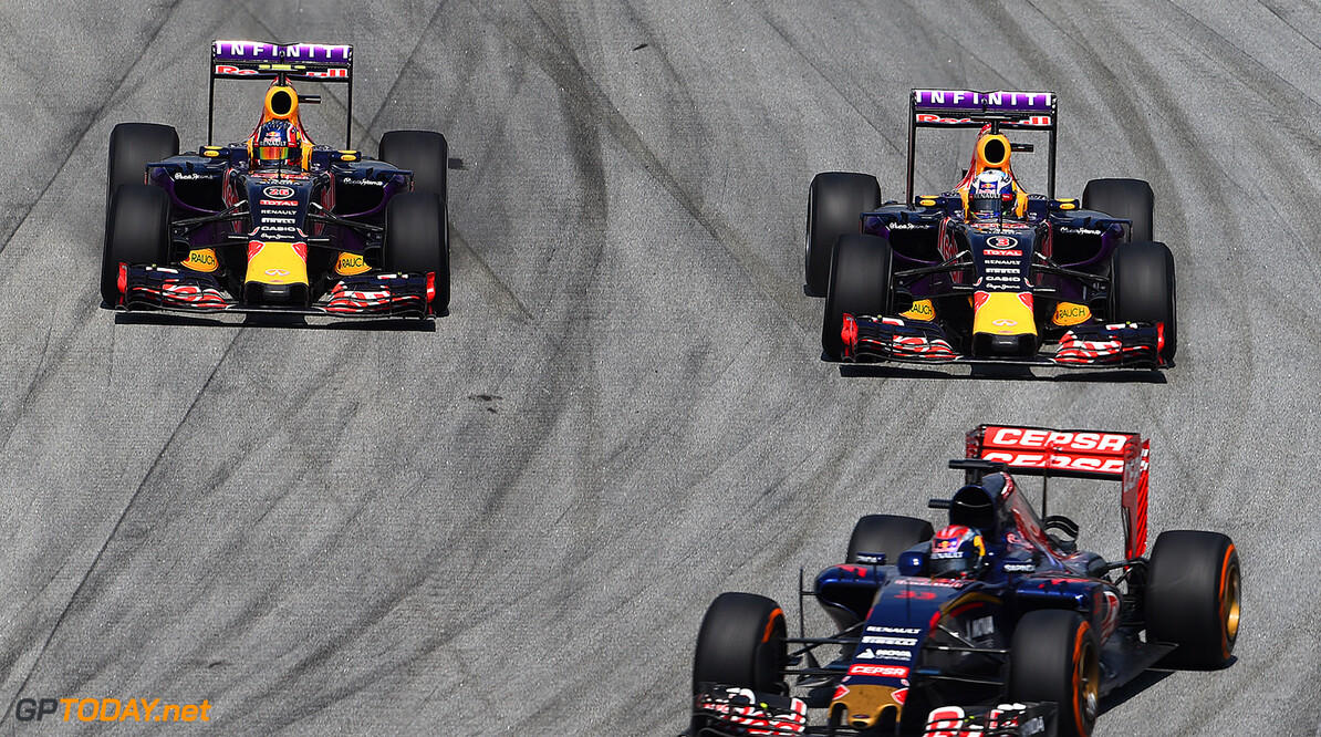 KUALA LUMPUR, MALAYSIA - MARCH 29:  Daniel Ricciardo of Australia and Infiniti Red Bull Racing and Daniil Kvyat of Russia and Infiniti Red Bull Racing drive next to Max Verstappen of Netherlands and Scuderia Toro Rosso during the Malaysia Formula One Grand Prix at Sepang Circuit on March 29, 2015 in Kuala Lumpur, Malaysia.  (Photo by Lars Baron/Getty Images) *** Local Caption *** Daniel Ricciardo;Daniil Kvyat;Max Verstappen
F1 Grand Prix of Malaysia
Lars Baron
Kuala Lumpur
Malaysia

Formula One Racing formula 1 Auto Racing Malaysia F1 Grand Prix Malaysian Formula One Grand Prix Formula One Grand Prix