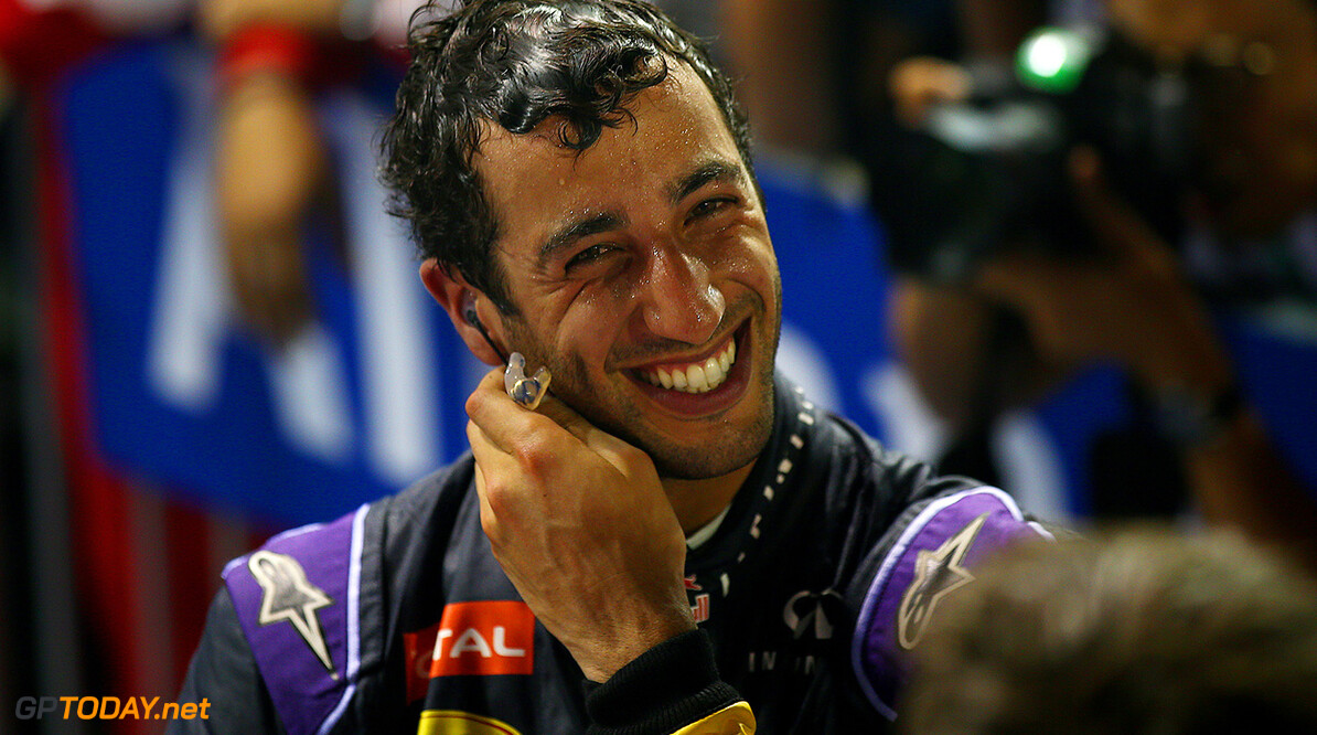 SINGAPORE - SEPTEMBER 20:  Daniel Ricciardo of Australia and Infiniti Red Bull Racing celebrates in Parc Ferme after finishing second in the Formula One Grand Prix of Singapore at Marina Bay Street Circuit on September 20, 2015 in Singapore.  (Photo by Mark Thompson/Getty Images) // Getty Images/Red Bull Content Pool // P-20150920-00649 // Usage for editorial use only // Please go to www.redbullcontentpool.com for further information. // 
F1 Grand Prix of Singapore
Mark Thompson
Singapore
Singapore

P-20150920-00649