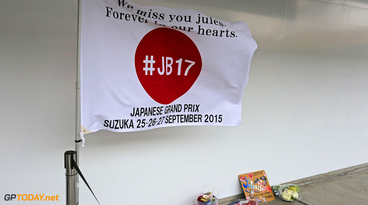 Formula One World Championship
Tributes to Jules Bianchi are placed beside the Manor Marussia F1 Team pit garage.
24.09.2015. Formula 1 World Championship, Rd 14, Japanese Grand Prix, Suzuka, Japan, Preparation Day.
Motor Racing - Formula One World Championship - Japanese Grand Prix - Preparation Day - Suzuka, Japan
Manor Marussia F1 Team
Suzuka
Japan

Formel1 Formel F1 Formula 1 Formula1 GP Grand Prix one Suzuka Circuit Thursday Portrait Japan Japanese September 24 09 9 2015