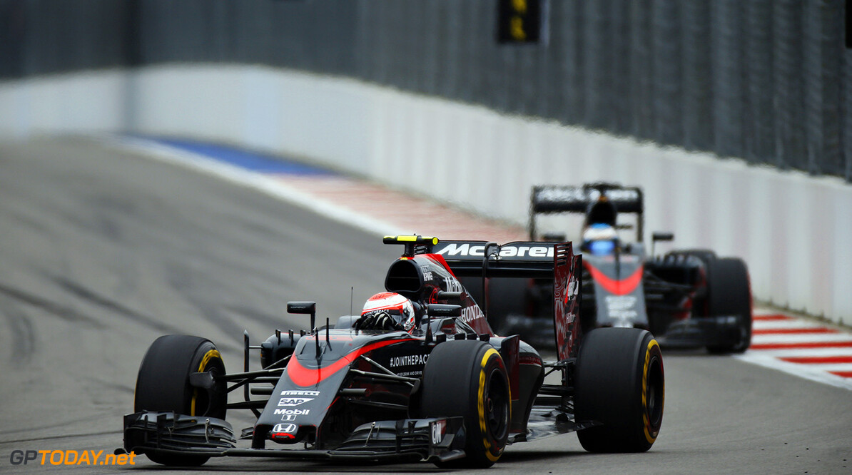 Jenson Button leads Fernando Alonso.