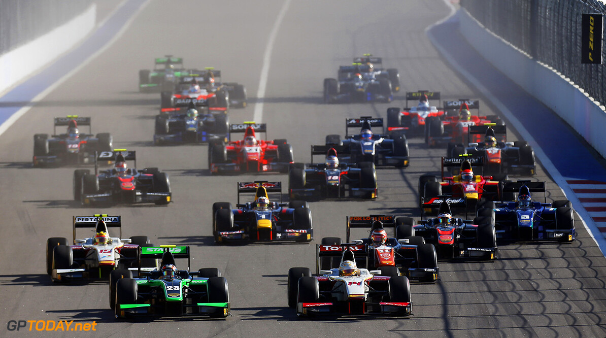 2015 GP2 Series Round 9.
Sochi Autodrom, Sochi, Russia.
Sunday 11 October 2015.
Richie Stanaway (NZL, Status Grand Prix), leads Arthur Pic (FRA, Campos Racing) and the rest of the field at the start of the race.
Photo: Zak Mauger/GP2 Series Media Service.
ref: Digital Image _L0U8713


Zak Mauger



Race Two 2 Sprint action