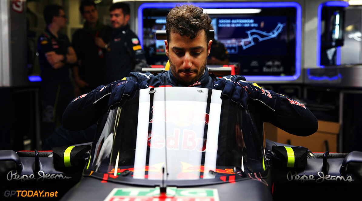 SOCHI, RUSSIA - APRIL 28:  Daniel Ricciardo of Australia and Red Bull Racing in his Red Bull Racing Red Bull-TAG Heuer RB12 TAG Heuer fitted with the aeroscreen in the garage during previews ahead of the Formula One Grand Prix of Russia at Sochi Autodrom on April 28, 2016 in Sochi, Russia.  (Photo by Mark Thompson/Getty Images) // Getty Images / Red Bull Content Pool  // P-20160428-00153 // Usage for editorial use only // Please go to www.redbullcontentpool.com for further information. // 
F1 Grand Prix of Russia - Previews
Mark Thompson
Sochi
Russian Federation

P-20160428-00153