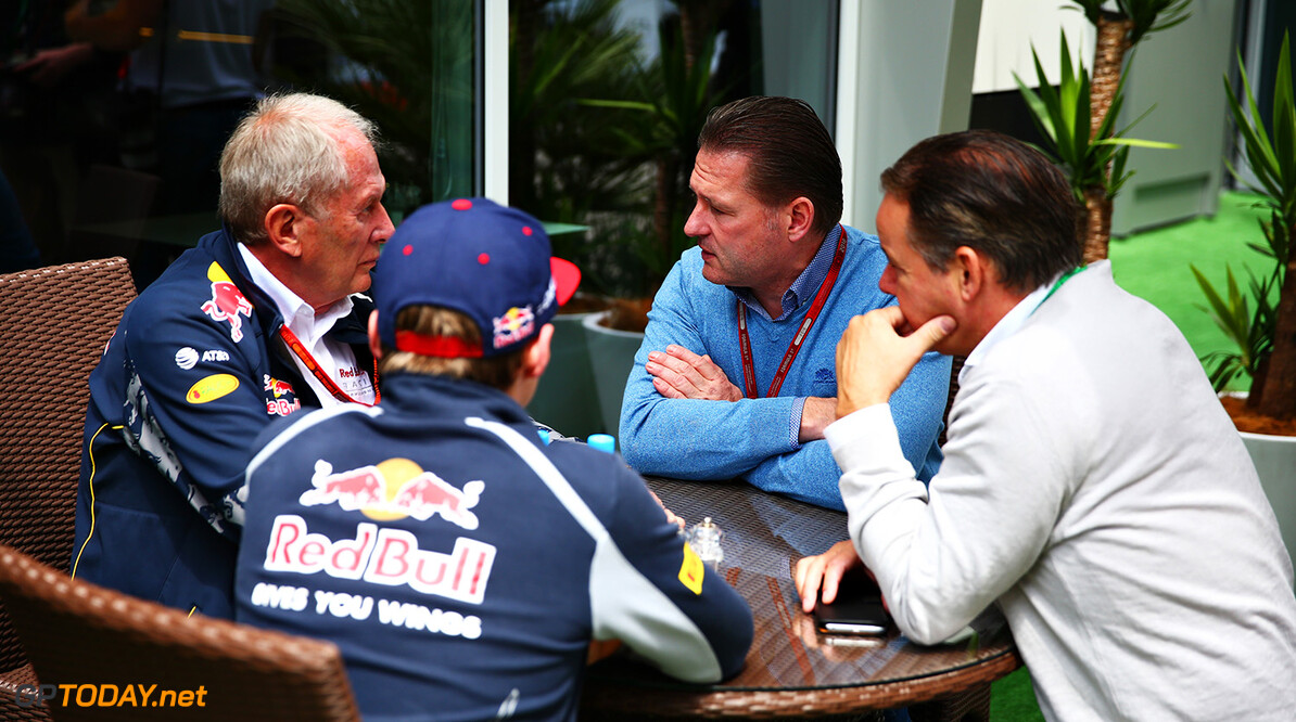 SOCHI, RUSSIA - MAY 01:  Max Verstappen of Netherlands and Scuderia Toro Rosso talks with father Jos Verstappen, and Red Bull Racing Team Consultant Dr Helmut Marko in the Paddock ahead of the Formula One Grand Prix of Russia at Sochi Autodrom on May 1, 2016 in Sochi, Russia.  (Photo by Clive Mason/Getty Images) // Getty Images / Red Bull Content Pool  // P-20160501-13087 // Usage for editorial use only // Please go to www.redbullcontentpool.com for further information. // 
F1 Grand Prix of Russia
Clive Mason
Sochi
Russian Federation

P-20160501-13087