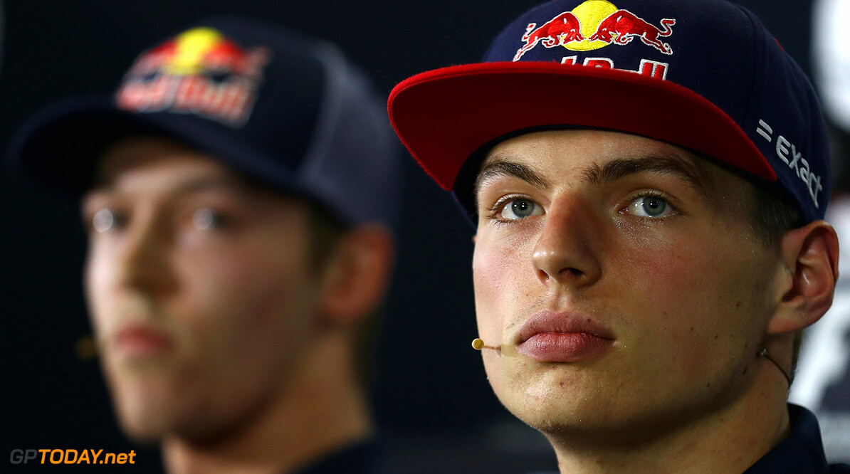 MONTMELO, SPAIN - MAY 12: Max Verstappen of Netherlands and Red Bull Racing in the Drivers Press Conference with Daniil Kvyat of Russia and Scuderia Toro Rosso during previews to the Spanish Formula One Grand Prix at Circuit de Catalunya on May 12, 2016 in Montmelo, Spain.  (Photo by Clive Mason/Getty Images) // Getty Images / Red Bull Content Pool  // P-20160512-00439 // Usage for editorial use only // Please go to www.redbullcontentpool.com for further information. // 
Spanish F1 Grand Prix - Previews
Clive Mason

Spain

P-20160512-00439