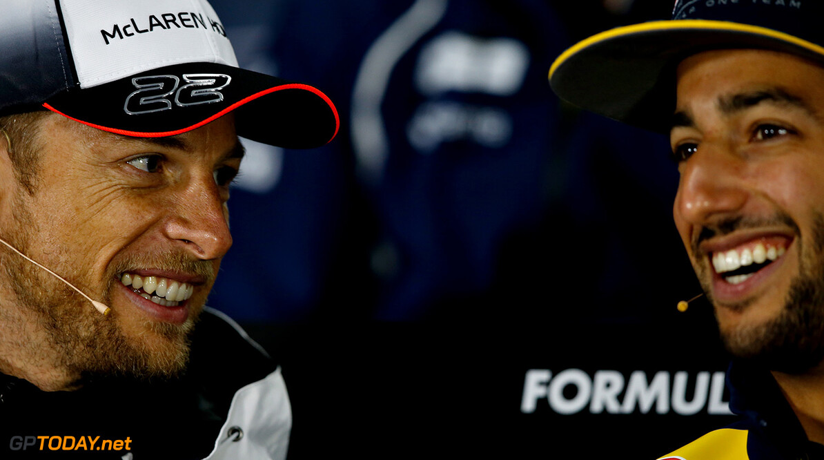 MONTREAL, QC - JUNE 09:  Daniel Ricciardo of Australia and Red Bull Racing and Jenson Button of Great Britain and McLaren Honda talk in the Drivers Press Conference during previews to the Canadian Formula One Grand Prix at Circuit Gilles Villeneuve on June 9, 2016 in Montreal, Canada.  (Photo by Charles Coates/Getty Images) // Getty Images / Red Bull Content Pool  // P-20160609-00686 // Usage for editorial use only // Please go to www.redbullcontentpool.com for further information. // 
Canadian F1 Grand Prix - Previews
Charles Coates
Montreal (City)
Canada

P-20160609-00686