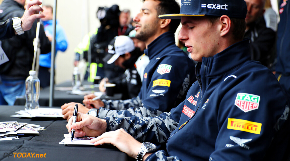 MONTREAL, QC - JUNE 09:  Max Verstappen of Netherlands and Red Bull Racing  and Daniel Ricciardo of Australia and Red Bull Racing sign autographs for fans during previews to the Canadian Formula One Grand Prix at Circuit Gilles Villeneuve on June 9, 2016 in Montreal, Canada.  (Photo by Mark Thompson/Getty Images) // Getty Images / Red Bull Content Pool  // P-20160609-00548 // Usage for editorial use only // Please go to www.redbullcontentpool.com for further information. // 
Canadian F1 Grand Prix - Previews
Mark Thompson
Montreal (City)
Canada

P-20160609-00548