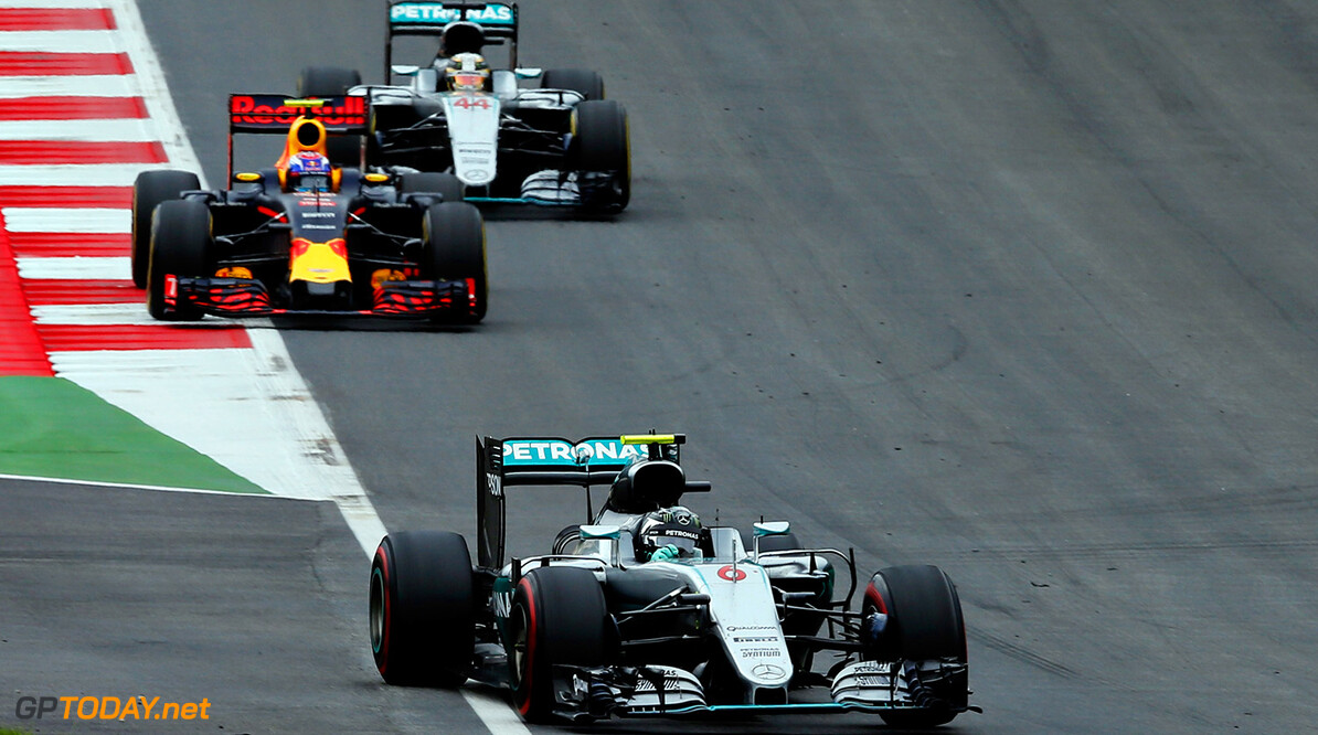 SPIELBERG, AUSTRIA - JULY 03:  Nico Rosberg of Germany driving the (6) Mercedes AMG Petronas F1 Team Mercedes F1 WO7 Mercedes PU106C Hybrid turbo leads Max Verstappen of the Netherlands driving the (33) Red Bull Racing Red Bull-TAG Heuer RB12 TAG Heuer and Lewis Hamilton of Great Britain driving the (44) Mercedes AMG Petronas F1 Team Mercedes F1 WO7 Mercedes PU106C Hybrid turbo on track during the Formula One Grand Prix of Austria at Red Bull Ring on July 3, 2016 in Spielberg, Austria.  (Photo by Charles Coates/Getty Images) // Getty Images / Red Bull Content Pool  // P-20160703-02024 // Usage for editorial use only // Please go to www.redbullcontentpool.com for further information. // 
F1 Grand Prix of Austria
Charles Coates
Spielberg
Germany

P-20160703-02024