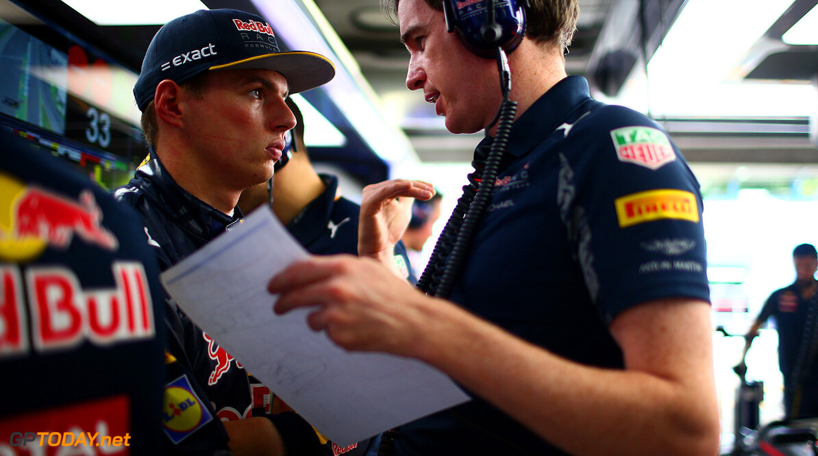 HOCKENHEIM, GERMANY - JULY 29:  Max Verstappen of Netherlands and Red Bull Racing speaks with engineer Michael Manning inside the garage during practice for the Formula One Grand Prix of Germany at Hockenheimring on July 29, 2016 in Hockenheim, Germany.  (Photo by Dan Istitene/Getty Images) // Getty Images / Red Bull Content Pool  // P-20160729-01366 // Usage for editorial use only // Please go to www.redbullcontentpool.com for further information. // 
F1 Grand Prix of Germany - Practice
Dan Istitene
Hockenheim
Germany

P-20160729-01366