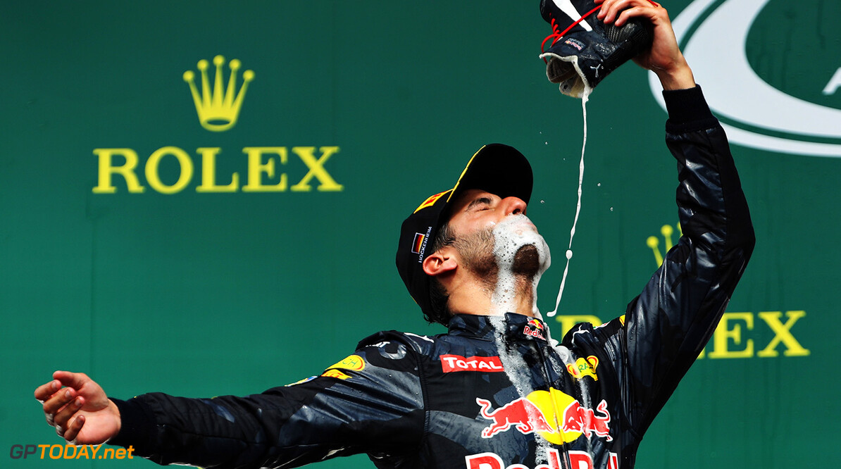 HOCKENHEIM, GERMANY - JULY 31: Daniel Ricciardo of Australia and Red Bull Racing celebrates on the podium during the Formula One Grand Prix of Germany at Hockenheimring on July 31, 2016 in Hockenheim, Germany.  (Photo by Mark Thompson/Getty Images) *** BESTPIX *** // Getty Images / Red Bull Content Pool  // P-20160731-01890 // Usage for editorial use only // Please go to www.redbullcontentpool.com for further information. // 
BESTPIX - F1 Grand Prix of Germany
Mark Thompson
Hockenheim
Germany

P-20160731-01890