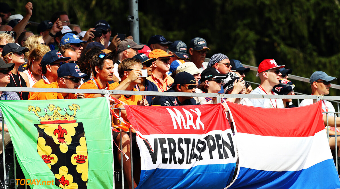 SPA, BELGIUM - AUGUST 28: Fans of Max Verstappen of Netherlands and Red Bull Racing in a grandstand during the Formula One Grand Prix of Belgium at Circuit de Spa-Francorchamps on August 28, 2016 in Spa, Belgium  (Photo by Mark Thompson/Getty Images) // Getty Images / Red Bull Content Pool  // P-20160828-01550 // Usage for editorial use only // Please go to www.redbullcontentpool.com for further information. // 
F1 Grand Prix of Belgium
Mark Thompson
Spa
Belgium

P-20160828-01550
