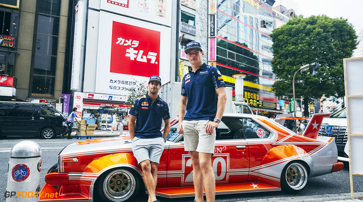 Daniel Ricciardo and Max Verstappen pose for a portrait with the Kaido Racer in Tokyo, Japan on October 5, 2016. // Maruo Kono / Red Bull Content Pool  // P-20161005-01458 // Usage for editorial use only // Please go to www.redbullcontentpool.com for further information. // 
Daniel Ricciardo and Max Verstappen
Maruo Kono
Tokyo
Japan

P-20161005-01458