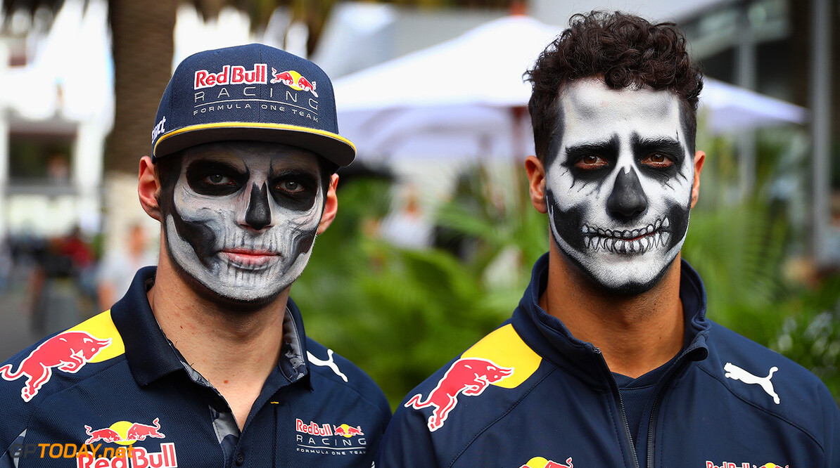 MEXICO CITY, MEXICO - OCTOBER 27:  Daniel Ricciardo of Australia and Red Bull Racing and Max Verstappen of Netherlands and Red Bull Racing walk in the Paddock in full Dia de Muertos face paint during previews to the Formula One Grand Prix of Mexico at Autodromo Hermanos Rodriguez on October 27, 2016 in Mexico City, Mexico.  (Photo by Clive Mason/Getty Images) // Getty Images / Red Bull Content Pool  // P-20161027-01649 // Usage for editorial use only // Please go to www.redbullcontentpool.com for further information. // 
F1 Grand Prix of Mexico - Previews
Clive Mason



P-20161027-01649
