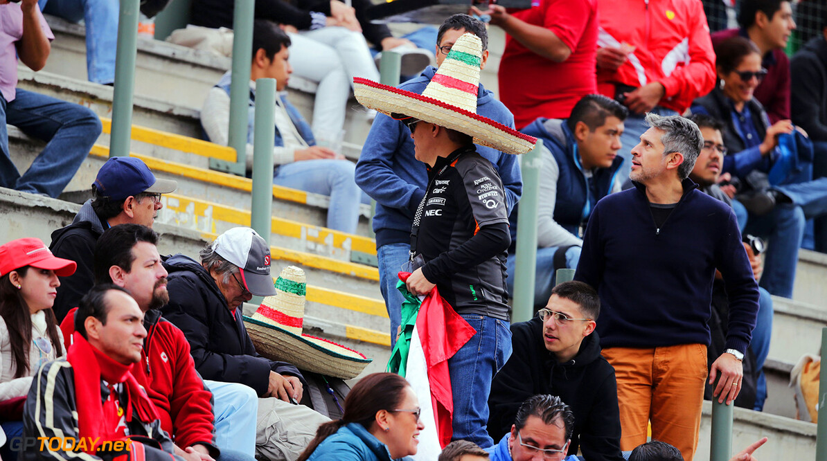 Formula One World Championship
Sahara Force India F1 Team fans in the grandstand.
Mexican Grand Prix, Friday 28th October 2016. Mexico City, Mexico.
Motor Racing - Formula One World Championship - Mexican Grand Prix - Practice Day - Mexico City, Mexico
James Moy Photography
Mexico City
Mexico

Formula One Formula 1 F1 GP Grand Prix Circuit Mexico Mexican Mexico City Autodromo Hermanos JM645 Crowd Fans Spectators Audience Portrait GP1619b