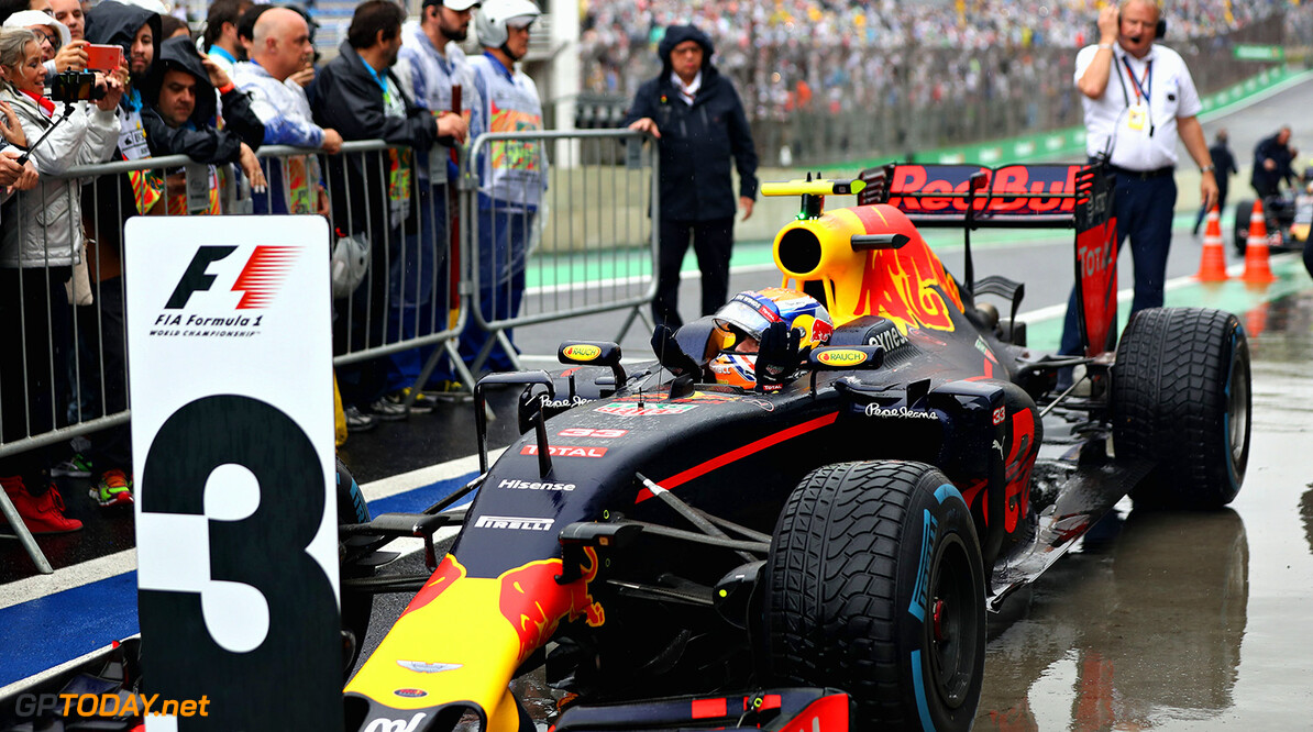 SAO PAULO, BRAZIL - NOVEMBER 13:  Max Verstappen of Netherlands and Red Bull Racing celebrates finishing in third position in parc ferme during the Formula One Grand Prix of Brazil at Autodromo Jose Carlos Pace on November 13, 2016 in Sao Paulo, Brazil.  (Photo by Mark Thompson/Getty Images) // Getty Images / Red Bull Content Pool  // P-20161113-01024 // Usage for editorial use only // Please go to www.redbullcontentpool.com for further information. // 
F1 Grand Prix of Brazil
Mark Thompson
Sao Paulo
Brazil

P-20161113-01024
