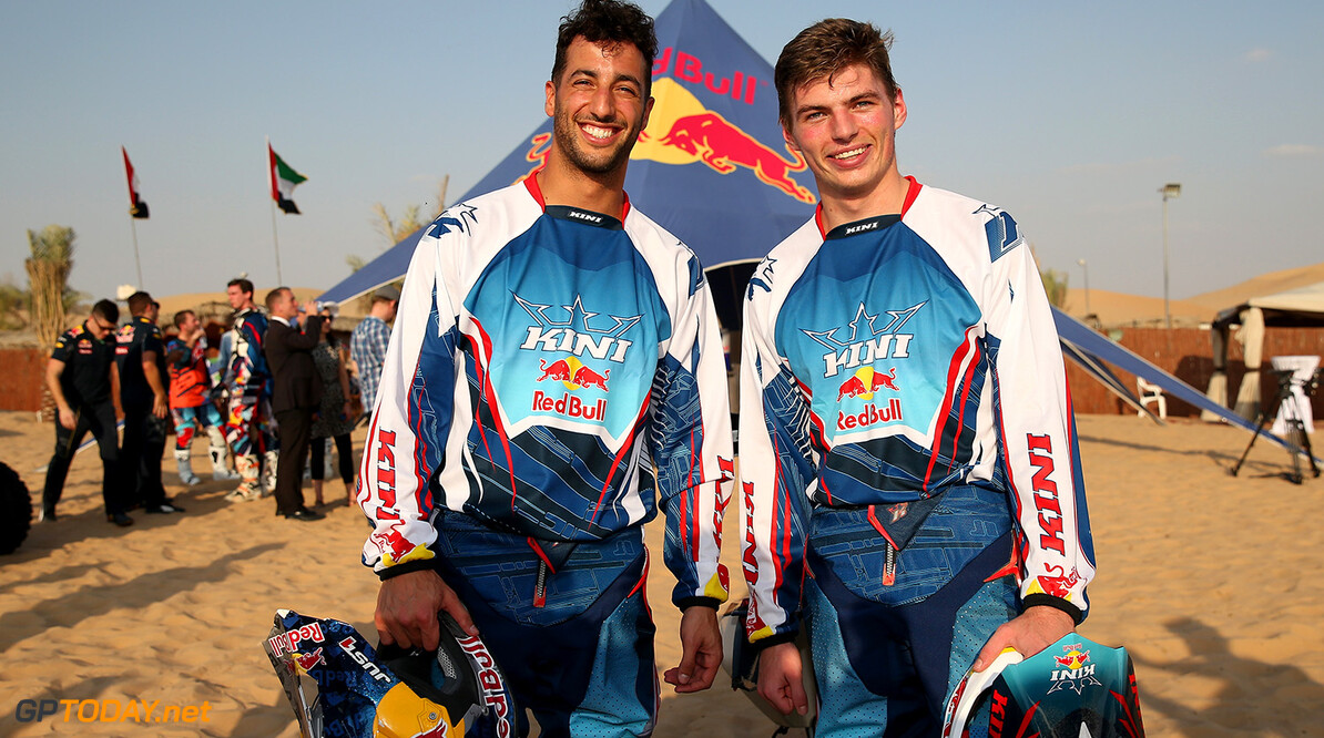 ABU DHABI, UNITED ARAB EMIRATES - NOVEMBER 23:  Max Verstappen of Netherlands  and Red Bull Racing and Daniel Ricciardo of Australia and Red Bull Racing pose for a photograph during the Red Bull Racing Sunset Sands on November 23, 2016 in Abu Dhabi, United Arab Emirates.  (Photo by Francois Nel/Getty Images) // Getty Images / Red Bull Content Pool  // P-20161123-02227 // Usage for editorial use only // Please go to www.redbullcontentpool.com for further information. // 
Red Bull Racing Sunset Sands
Francois Nel
Abu Dhabi
United Arab Emirates

P-20161123-02227