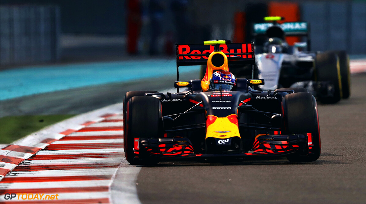 ABU DHABI, UNITED ARAB EMIRATES - NOVEMBER 27:  Max Verstappen of the Netherlands driving the (33) Red Bull Racing Red Bull-TAG Heuer RB12 TAG Heuer leads Nico Rosberg of Germany driving the (6) Mercedes AMG Petronas F1 Team Mercedes F1 WO7 Mercedes PU106C Hybrid turbo on track  during the Abu Dhabi Formula One Grand Prix at Yas Marina Circuit on November 27, 2016 in Abu Dhabi, United Arab Emirates.  (Photo by Clive Mason/Getty Images) // Getty Images / Red Bull Content Pool  // P-20161127-00295 // Usage for editorial use only // Please go to www.redbullcontentpool.com for further information. // 
F1 Grand Prix of Abu Dhabi
Clive Mason
Abu Dhabi
United Arab Emirates

P-20161127-00295
