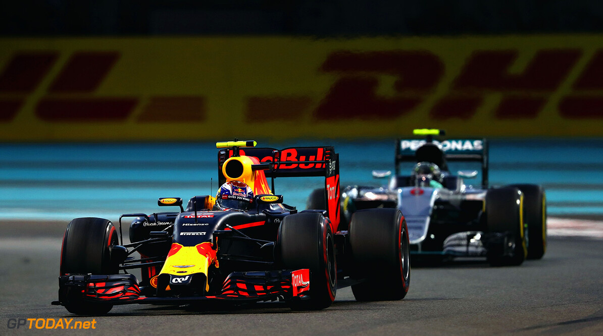 ABU DHABI, UNITED ARAB EMIRATES - NOVEMBER 27: Max Verstappen of the Netherlands driving the (33) Red Bull Racing Red Bull-TAG Heuer RB12 TAG Heuer leads Nico Rosberg of Germany driving the (6) Mercedes AMG Petronas F1 Team Mercedes F1 WO7 Mercedes PU106C Hybrid turbo on track  during the Abu Dhabi Formula One Grand Prix at Yas Marina Circuit on November 27, 2016 in Abu Dhabi, United Arab Emirates.  (Photo by Clive Mason/Getty Images) // Getty Images / Red Bull Content Pool  // P-20161127-00274 // Usage for editorial use only // Please go to www.redbullcontentpool.com for further information. // 
F1 Grand Prix of Abu Dhabi
Clive Mason
Abu Dhabi
United Arab Emirates

P-20161127-00274