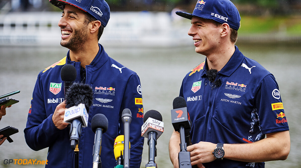 Daniel Ricciardo and Max Verstappen are seen ahead of the 2017 F1 Melbourne Grand Prix on the Yarra River in Melbourne, Australia on March 22, 2017 // Brett Hemmings / Red Bull Content Pool // P-20170322-00097 // Usage for editorial use only // Please go to www.redbullcontentpool.com for further information. // 
Daniel Ricciardo and Max Verstappen


Australia

P-20170322-00097