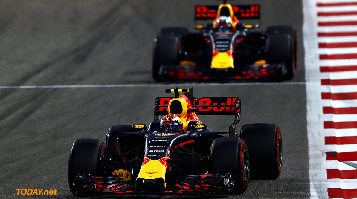BAHRAIN, BAHRAIN - APRIL 16: Max Verstappen of the Netherlands driving the (33) Red Bull Racing Red Bull-TAG Heuer RB13 TAG Heuer leads Daniel Ricciardo of Australia driving the (3) Red Bull Racing Red Bull-TAG Heuer RB13 TAG Heuer on track during the Bahrain Formula One Grand Prix at Bahrain International Circuit on April 16, 2017 in Bahrain, Bahrain.  (Photo by Lars Baron/Getty Images) // Getty Images / Red Bull Content Pool  // P-20170416-01675 // Usage for editorial use only // Please go to www.redbullcontentpool.com for further information. // 
F1 Grand Prix of Bahrain
Lars Baron

Bahrain

P-20170416-01675