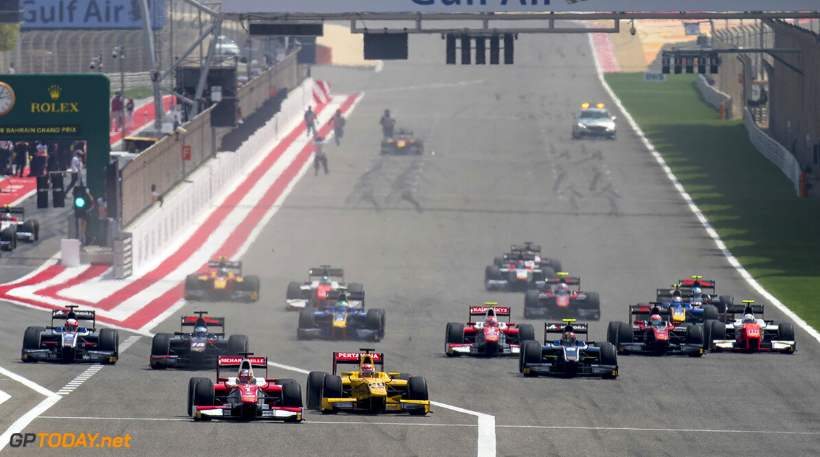 2017 FIA Formula 2 Round 1.
Bahrain International Circuit, Sakhir, Bahrain. 
Saturday 15 April 2017.
Charles Leclerc (MCO, PREMA Racing) leads Norman Nato (FRA, Pertamina Arden) and the rest of the field at the start of the race.
Photo: Zak Mauger/FIA Formula 2.
ref: Digital Image _56I0478


Zak Mauger



Race One 1 Feature action start