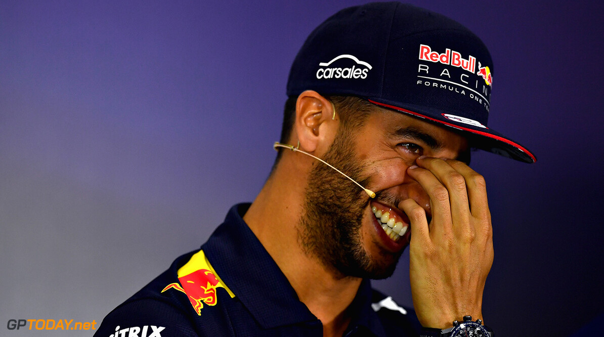 NORTHAMPTON, ENGLAND - JULY 13:  Daniel Ricciardo of Australia and Red Bull Racing in the Drivers Press Conference during previews ahead of the Formula One Grand Prix of Great Britain at Silverstone on July 13, 2017 in Northampton, England.  (Photo by Dan Mullan/Getty Images) // Getty Images / Red Bull Content Pool  // P-20170713-01109 // Usage for editorial use only // Please go to www.redbullcontentpool.com for further information. // 
F1 Grand Prix of Great Britain - Previews
Dan Mullan
Silverstone
United Kingdom

P-20170713-01109
