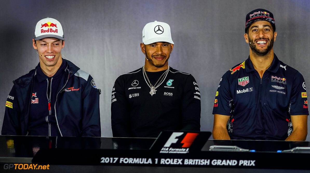 NORTHAMPTON, ENGLAND - JULY 13:  Daniil Kvyat of Scuderia Toro Rosso and Russia, Lewis Hamilton of Mercedes and Great Britain, Daniel Ricciardo of Australia and Red Bull Racing during previews ahead of the Formula One Grand Prix of Great Britain at Silverstone on July 13, 2017 in Northampton, England.  (Photo by Peter Fox/Getty Images) // Getty Images / Red Bull Content Pool  // P-20170713-01272 // Usage for editorial use only // Please go to www.redbullcontentpool.com for further information. // 
F1 Grand Prix of Great Britain - Previews
Peter Fox
Silverstone
United Kingdom

P-20170713-01272