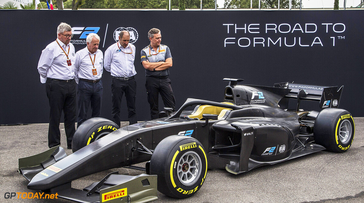 Formula Two Championship
www.sutton-images.com

Ross Brawn (GBR) Formula One Managing Director of Motorsports, Charlie Whiting (GBR) FIA Delegate, Bruno Michel (FRA) F2 CEO and Mario Isola (ITA) Pirelli Sporting Director with the new 2018 F2 car at Formula Two Championship, Rd9, Monza, Italy, 1-3 September 2017.
Formula Two Italy

Monza
Italy

F2 Formula 2 Italian portrait