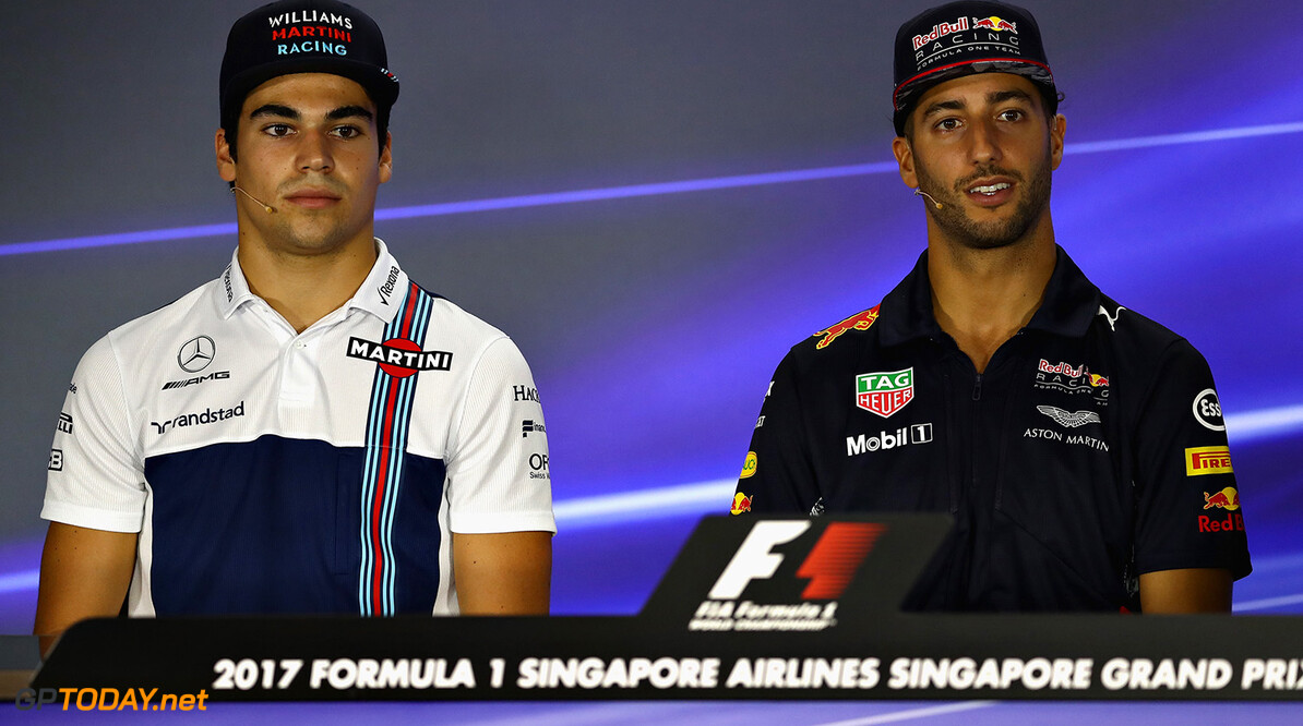 SINGAPORE - SEPTEMBER 14:  Daniel Ricciardo of Australia and Red Bull Racing and Lance Stroll of Canada and Williams in the Drivers Press Conference during previews ahead of the Formula One Grand Prix of Singapore at Marina Bay Street Circuit on September 14, 2017 in Singapore.  (Photo by Lars Baron/Getty Images) // Getty Images / Red Bull Content Pool  // P-20170914-00601 // Usage for editorial use only // Please go to www.redbullcontentpool.com for further information. // 
F1 Grand Prix of Singapore - Previews
Lars Baron
Singapore
Singapore

P-20170914-00601