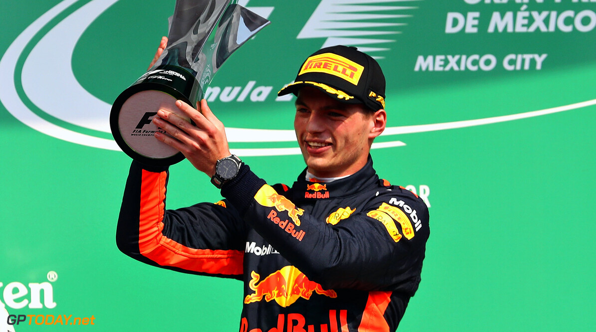 MEXICO CITY, MEXICO - OCTOBER 29:  Race winner Max Verstappen of Netherlands and Red Bull Racing celebrates on the podium during the Formula One Grand Prix of Mexico at Autodromo Hermanos Rodriguez on October 29, 2017 in Mexico City, Mexico.  (Photo by Mark Thompson/Getty Images) // Getty Images / Red Bull Content Pool  // P-20171029-01257 // Usage for editorial use only // Please go to www.redbullcontentpool.com for further information. // 
F1 Grand Prix of Mexico
Mark Thompson
Mexico City
Mexico

P-20171029-01257